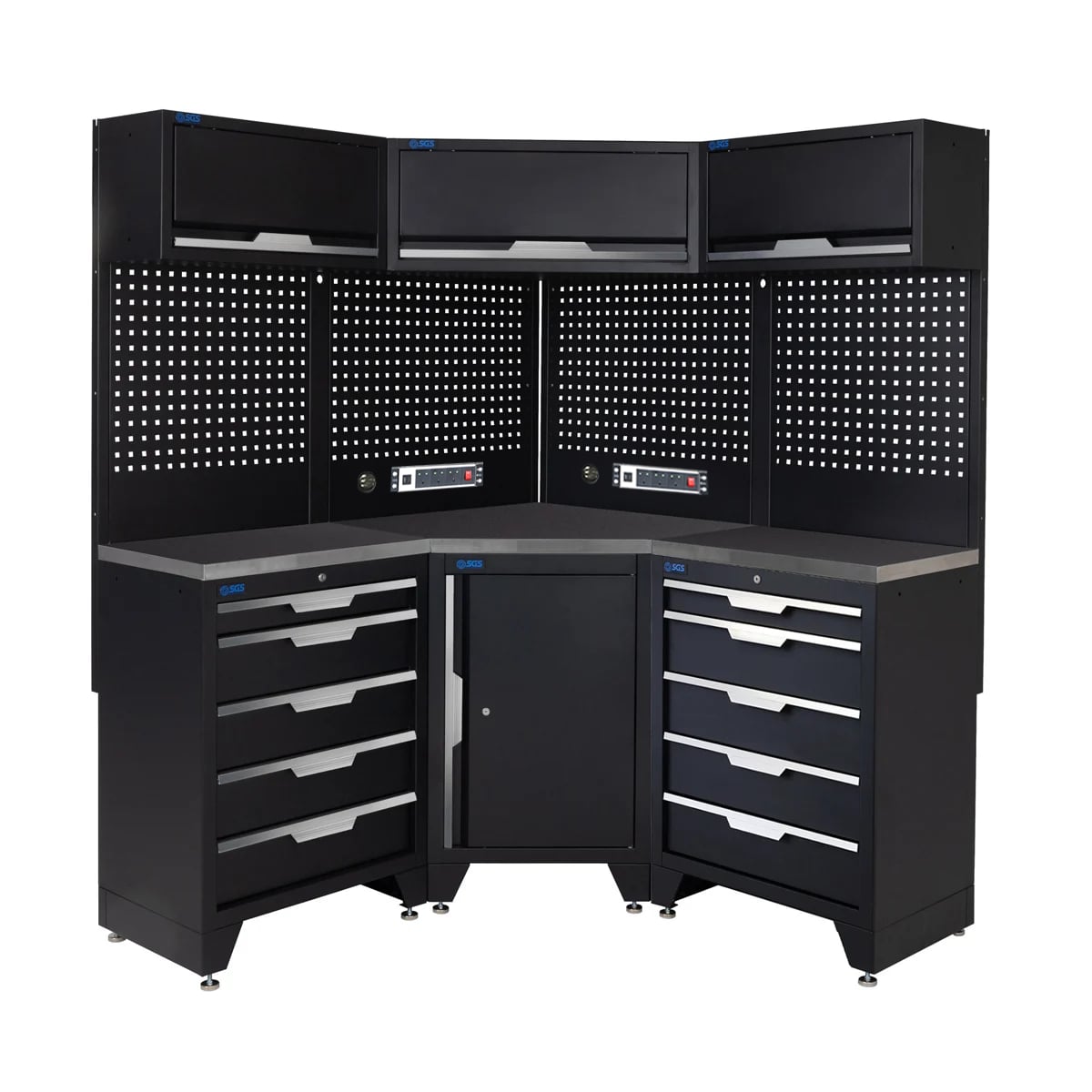 SGS 10pc Corner Garage Storage System | 10 Drawers | Stainless Steel Worktop | Corner Floor Cabinet | 3x Upper Cabinets | 2x Pegboards with Power Strip